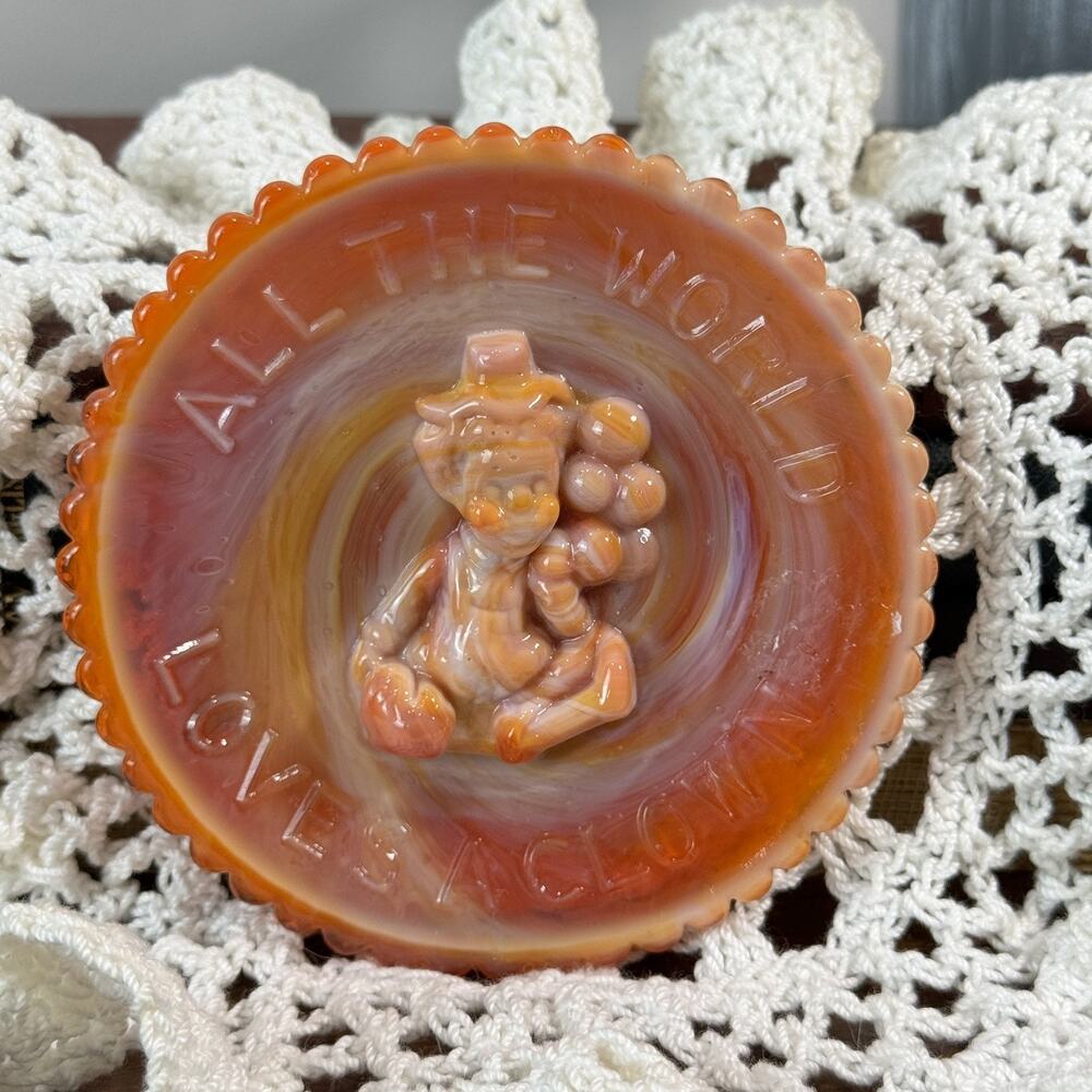 Vintage Mosser Orange White Slag Glass Clown Figurine All The World Loves A